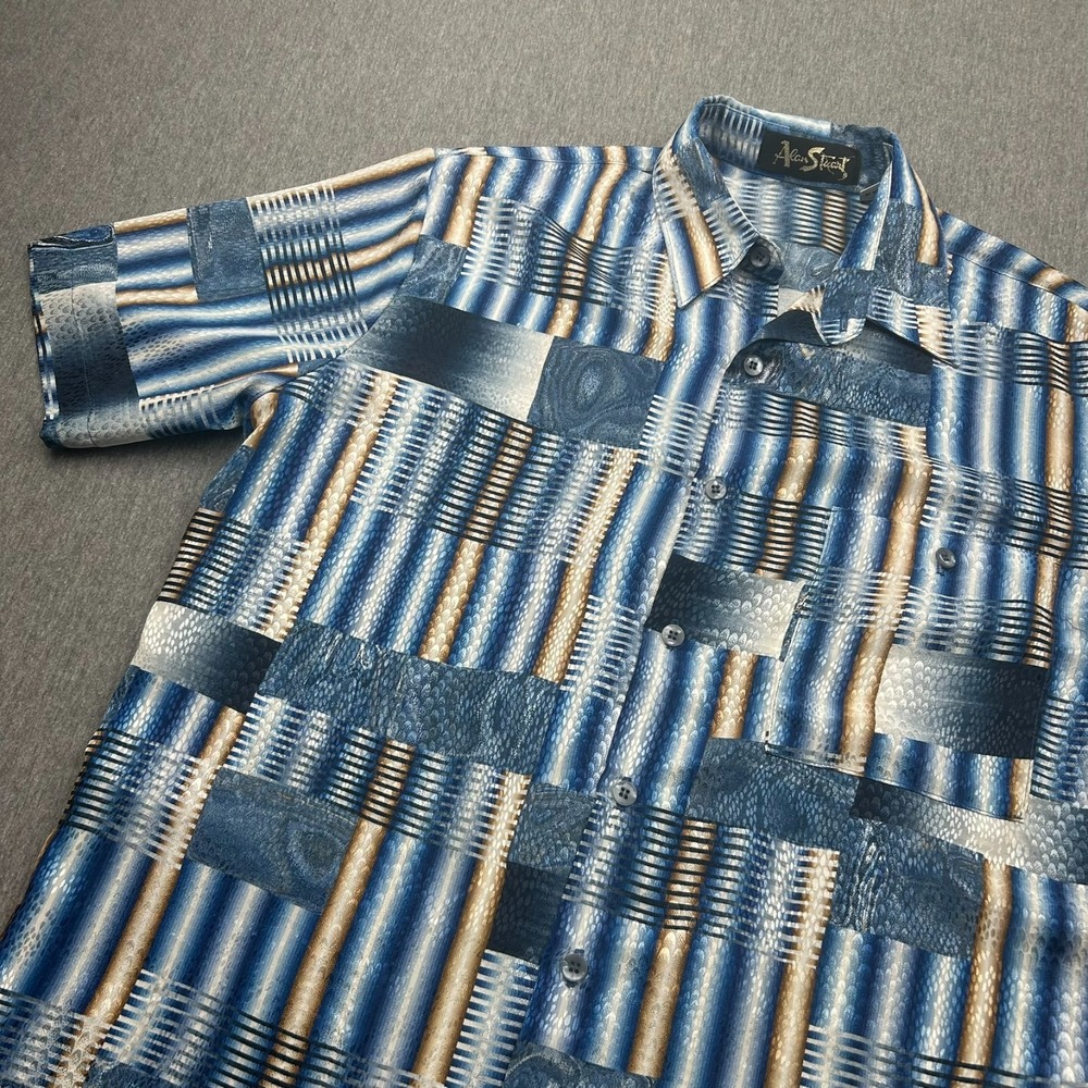 Alan Stuart Short Sleeve Button Up Disco Shirt Mens Medium Blue Abstract Vintage